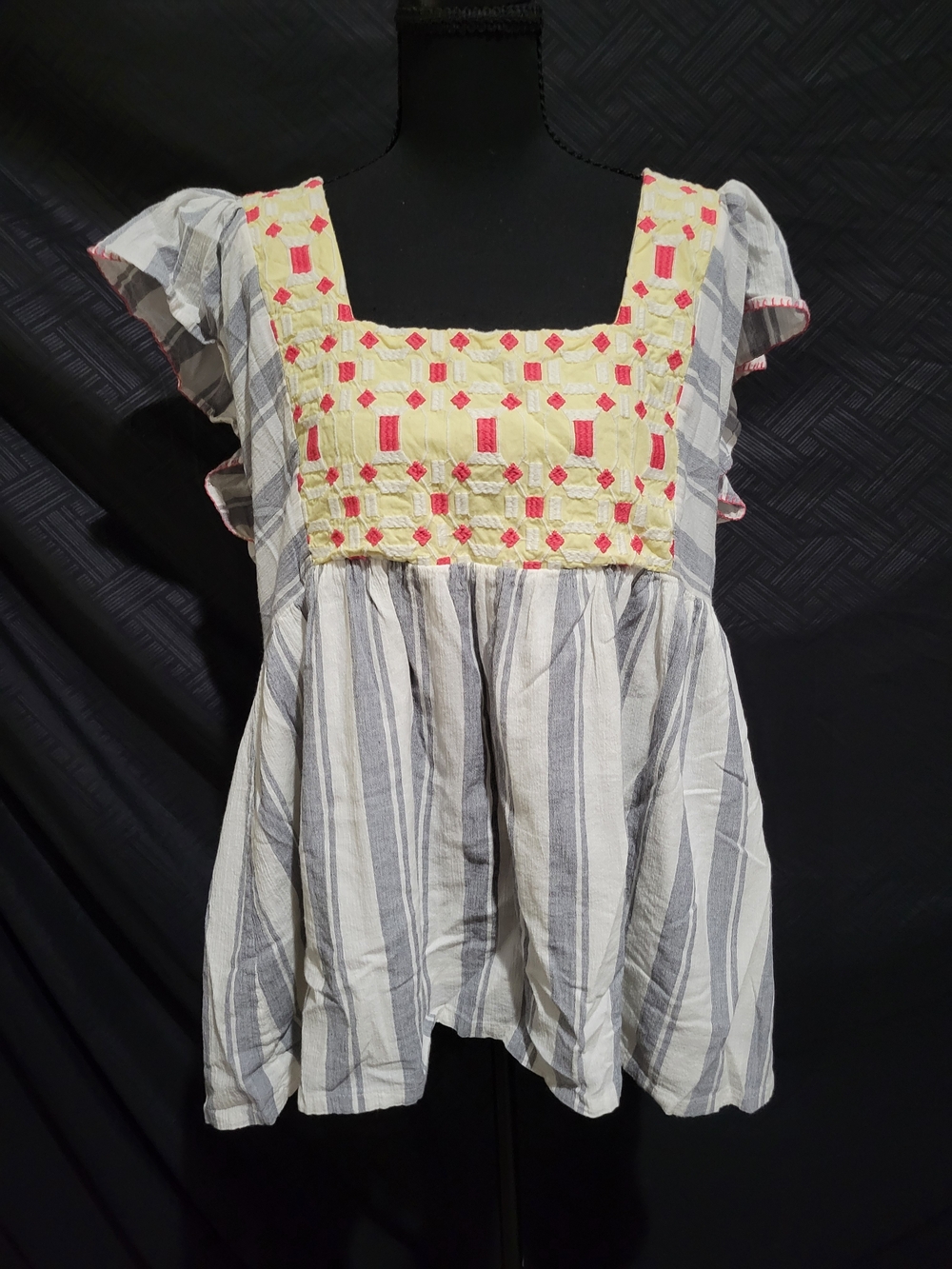 Striped Square-Yoke Tunic with Yellow Embroidery